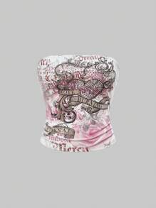 ROMWE Grunge Punk Y2K Retro Romantic Rose Flower & Heart Studded Print Cropped Camisole, For Summer Music Festival Outfits