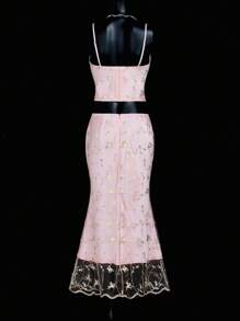 SHEIN ICON Palace-Style Embroidered Fabric Boned Bustier Top And Fish Tail Skirt 2 Pieces Set For Women - Pink - View 2