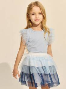 SHEIN Conjunto de 2 piezas de camiseta azul elegante y falda de malla para niñas, para primavera y verano