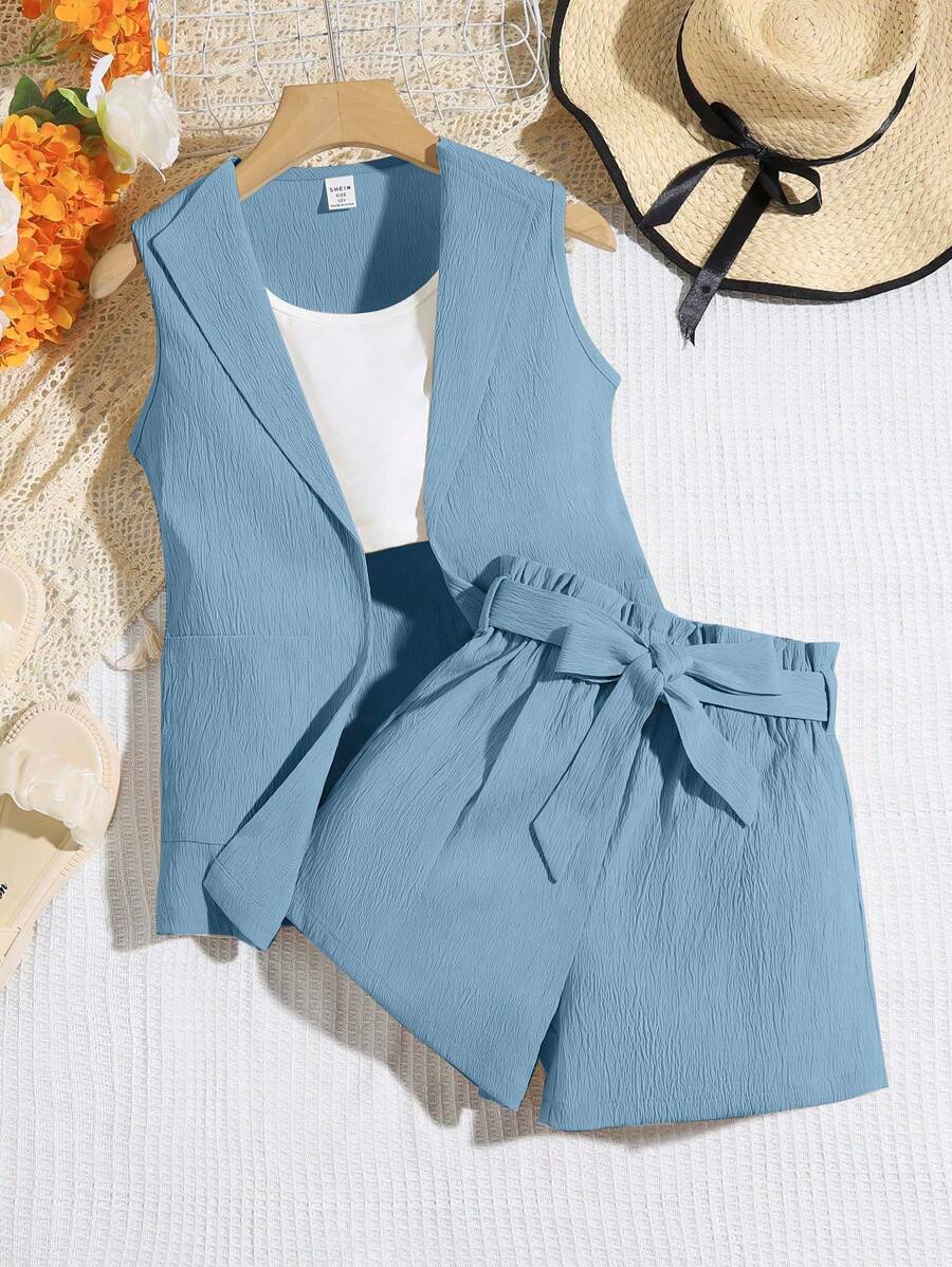 Áo khoác vest không tay cho bé gái tuổi mới lớn có thắt lưng nơ và quần short Bộ thời trang thường ngày, trang phục hàng ngày cho anh chị em/đồng phục (2 bộ được bán riêng) - Màu xanh lam - Xem 1