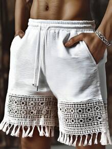 Genlund Men's Solid Color Drawstring Waist Pocket Contrast Lace Casual Shorts,Men's Vacation Daily INS Style, Featuring A Mesh Openwork Knit Design, Cutting-Edge Fashionable And Handsome, A Perfect Gift - Apricot - View 1