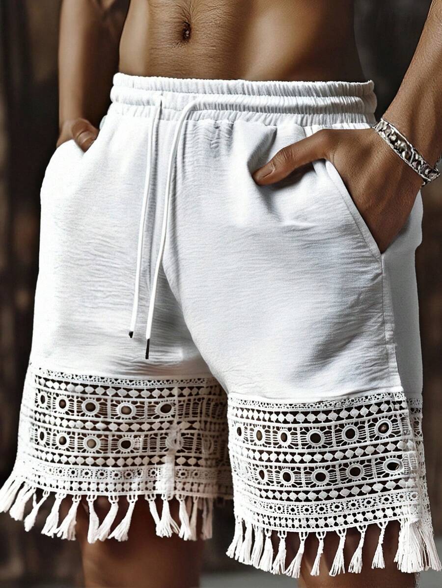 Genlund Men's Solid Color Drawstring Waist Pocket Contrast Lace Casual Shorts,Men's Vacation Daily INS Style, Featuring A Mesh Openwork Knit Design, Cutting-Edge Fashionable And Handsome, A Perfect Gift - Apricot - View 1