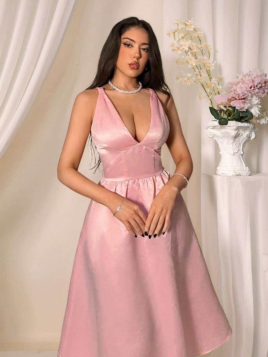 SHEIN Privé 女士浪漫粉色深 V 领腰无袖中长连衣裙、A 字裙、女士粉色连衣裙、情人节连衣裙、夏装、女士派对连衣裙、毕业礼服、性感连衣裙、通勤、优雅、性感、度假、海滩、夏威夷、浪漫、约会、音乐会、表演服装、婚礼季、返校季、情人节、音乐节