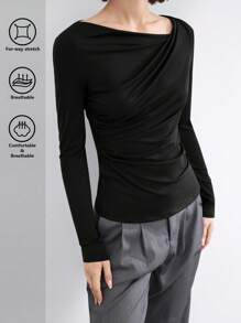 BizChic 2025 夏季新款不对称镂空不对称肩部褶皱长袖女衬衫，适合商务、休闲、日常、海滩、婚礼嘉宾、音乐节、早午餐、机场等场合 - 黑色 - 查看 2