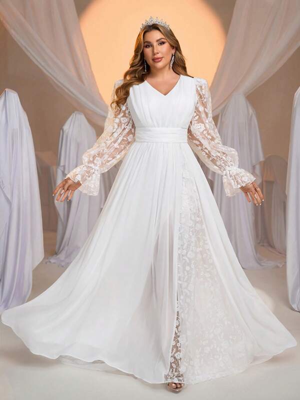 Glamrae Abito da sposa lungo e ampio in chiffon ricamato con maniche lunghe, scollo a V profondo e taglio a spacco alto, in stile romantico ed elegante, adatto a taglie comode (Disegno industriale pesante), sposa