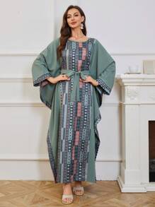 Al Najma Ramadan Women's Geometric Printed Batwing Sleeve Kaftan,Modest - Green - View 3