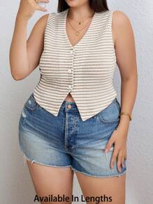 SHEIN Tall CURVE Plus Women's Summer Button-Front Sleeveless Striped Tank Top, Casual Everyday Wear,French Textured Knit Striped Top - Apricot - View 1