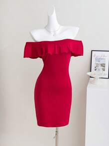 SHEIN Teen Girls Red Ruffle Ruffle Trim Dress - Red - View 3