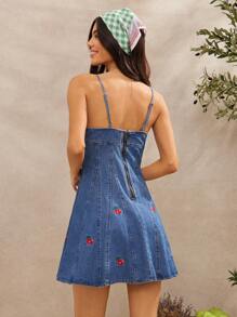 WESTFADE Summer Cherries Embroidered Mini Western Cowgirl Denim Sleeveless Dress, Spring Break Beach Vacation Outfit - Dark Wash - View 3