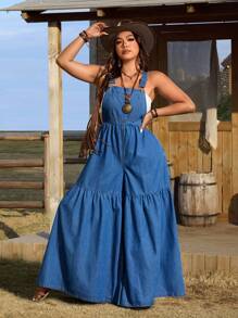 SHEIN LUNE Loose Ruffled Edge Vacation Denim Jumpsuit - Blue - View 1