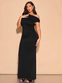 SHEIN BAE 大码女士春夏服装，优雅不对称不对称领口超长鱼尾连衣裙，适合休闲约会、聚会、派对、俱乐部服装、万圣节、情人节、婚礼嘉宾、舞会、生日女士礼服 - 黑色 - 查看 3