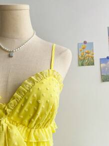 Soleia Western Wear Women,Easter Dress Women,Wedding Guest Dress Women,Vacation Dress,Concert Outfit Women,Boho,Rave Outfit Festival,Vacation Women's Yellow Romantic Floral Perforated Texture Cup Shirred Cinched Waist Front Bow Decor Layered Ruffle Hem Mini Dress,Summer Dress For Women,Birthday Dress For Women - Yellow - View 7