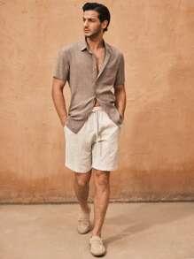 Manfinity VCAY Men's Woven Slim Fit Mid-Waist Straight Casual Shorts, Suitable For Summer - Apricot - View 5