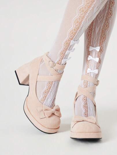 Kawaii Women's Dark Goth Punk Closed Toe Pink Mary Jane Strap Shoes, Cross-Tied Bow Decor Chunky Heel Formal Dress Pumps