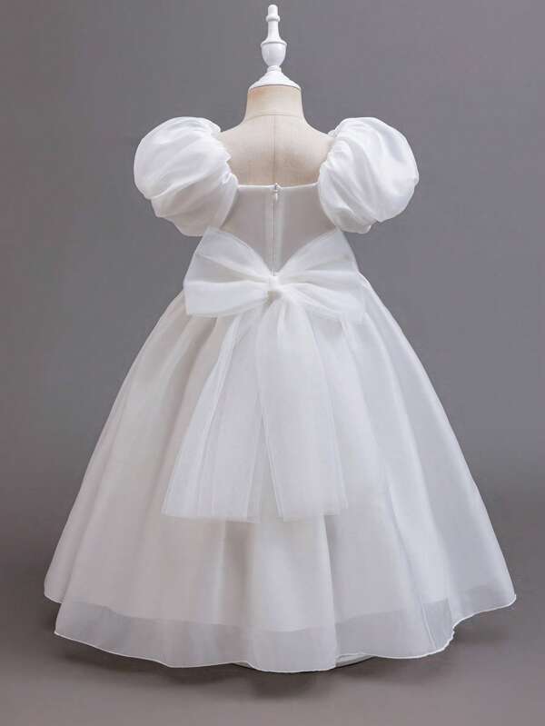 SHEIN Glamorique Kids Girl's Long Ruffled Sleeves Maxi Princess Dress With Oversized Bow, Suitable For Wedding Flower Girl