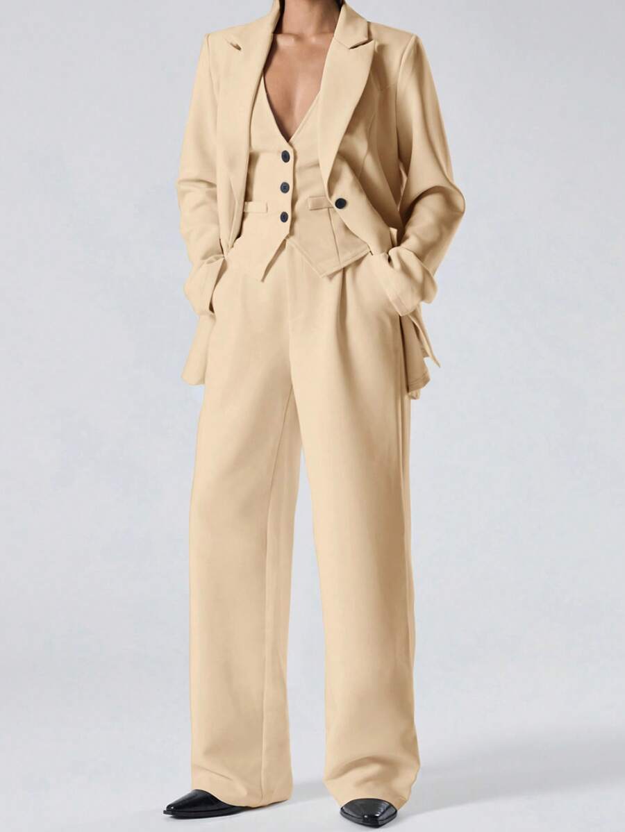 LYSMO Women 3pcs Casual Loose Suit Set: Solid Color Lapel Collar Long Sleeve Jacket, Single-Breasted Vest And Wide-Leg Pants, Autumn