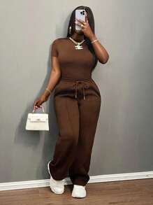 Slaydiva Hàng mới về Thu Đông/Quần áo Thu cho Nữ/Halloween/Quần áo Thu/Đông cho Nữ Bộ hai mảnh áo thun ngắn tay cổ tròn màu trơn dáng ôm và quần ống đứng cạp chun, thích hợp cho mùa xuân hè, màu nâu, phù hợp cho các lễ hội âm nhạc, lễ Phục Sinh, lễ Thánh Patrick. - Cà phê nâu - Xem 9