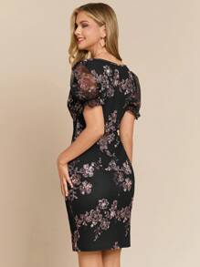 Amorya 女士优雅花卉印花贝壳领亮片拼接短袖紧身迷你连衣裙