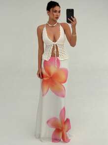 Aloruh 优雅粉色花卉印花网眼浪漫海滩假日派对超长美人鱼裙，百搭春夏季 - 粉色 - 查看 1