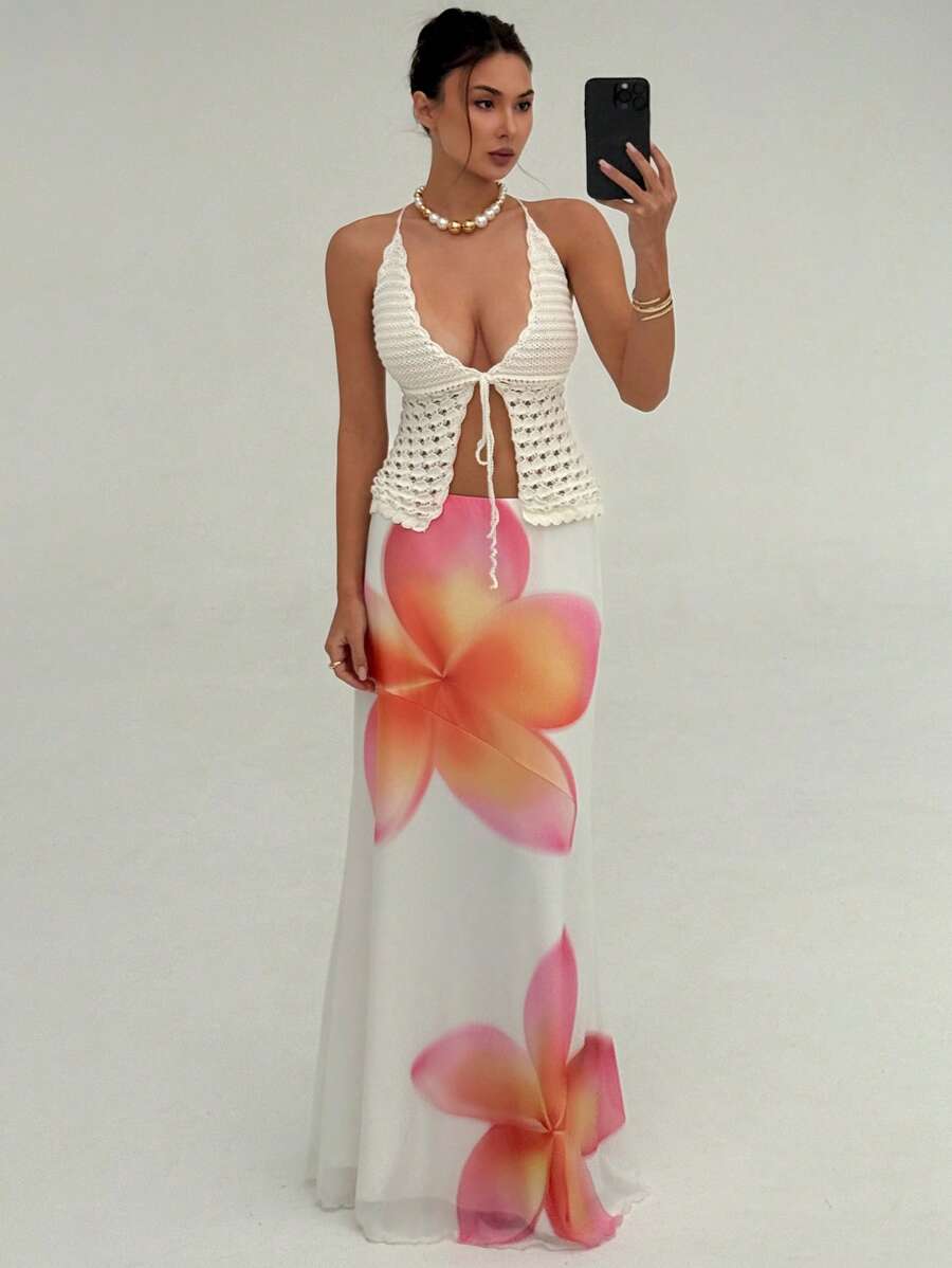 Aloruh 优雅粉色花卉印花网眼浪漫海滩假日派对超长美人鱼裙，百搭春夏季 - 粉色 - 查看 1