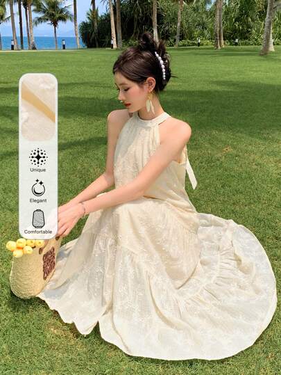 DAZY 女士时尚蕾丝无袖挂脖连衣裙夏季太阳裙，休闲女士连衣裙