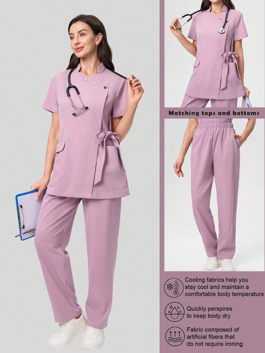 Scrubzie Wrinkle-Resistant Short Sleeve Tie Front Long Shirt And Pants Scrub Uniform Set - Lilac Purple - View 1