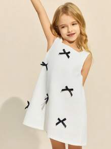 SHEIN Young Girls Solid Color Wide Strap Bow Decor Short Dress - White - View 6