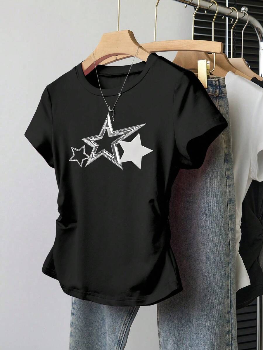Sparklyn 少女简约百搭金属星形印花收腰短袖 T 恤