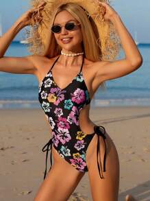 Swim Mod 1 件女式性感连体泳衣，黑色底色随机芙蓉花卉印花，腰部和背部系带设计