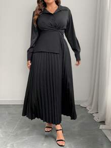 Celure Plus Size Zwarte Gerimpelde Taille Uitlopende Zoom Shirtjurk