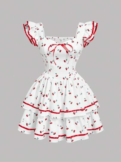 SHEIN MOD 大码女式杏色背景樱桃印花盖袖连衣裙