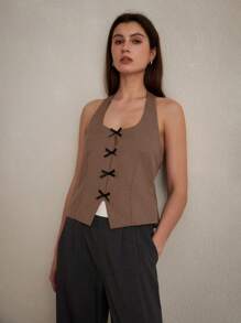 Femmeiva Women's Bow Decor Fashion Halter Neck Camisole - Khaki - View 6