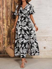 SHEIN Clasi Women's Vacation Style Short Sleeve V-Neck Dress With Leaf Print Maxi Women Outfit - Multicolor - View 1