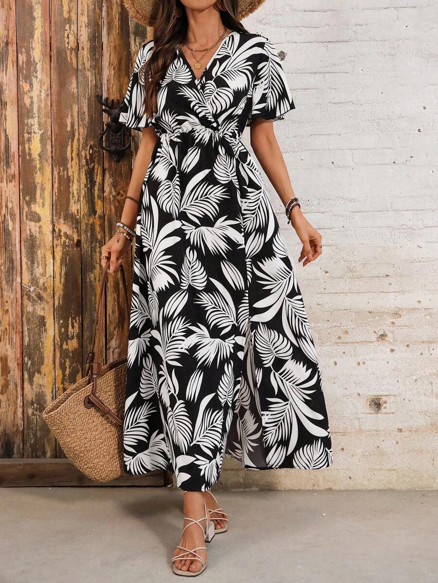 SHEIN Clasi Women's Vacation Style Short Sleeve V-Neck Dress With Leaf Print Maxi Women Outfit - Multicolor - View 1