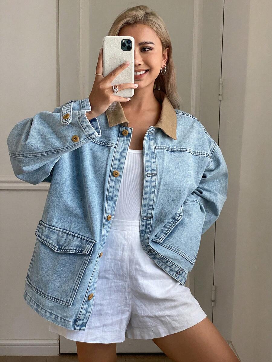 Livesso Women Contrast Color Collar Denim Jacket, Minimalist And Fashionable, Suitable For Summer,Back To School Clothes - Medium Wash - View 1