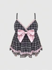 ROMWE Kawaii Camiseta sin tirantes estilo pijama con encaje floral vintage, lazo y cuadros para mujeres de talla grande - Negro - Ver 1