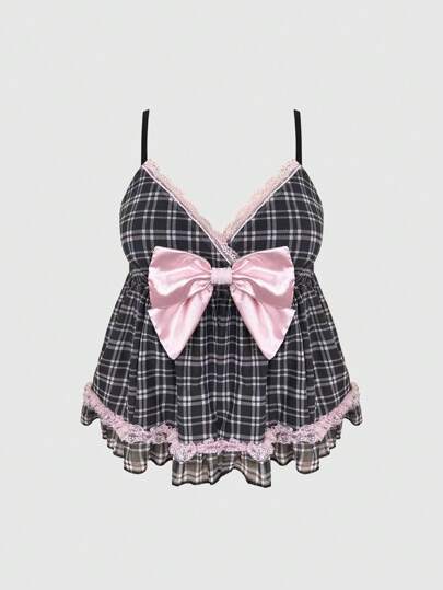 Kawaii Top bébé en dentelle florale vintage avec grand nœud à carreaux pour grandes tailles