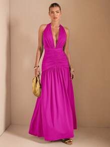 SHEIN BAE 优雅简约纯色咖啡色、棕色、卡其色深 V 领露背高开叉连衣裙，性感别致，适合派对、鸡尾酒会、婚礼宾客礼服、夜间外出 - 玫紅色 - 查看 7