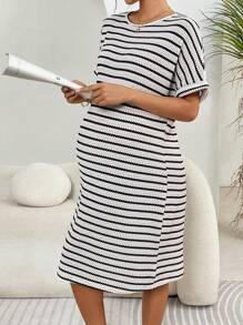 SHEIN Pregnant Women Striped Round Neck Short Sleeve Straight Casual Loose Midi Dress - Black - View 7
