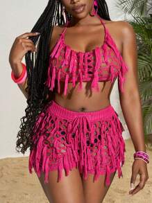 Slaydiva Summer Vacation Sexy Rose Red See-Through Knitted Hand-Crochet Tassel Beach Shorts Set