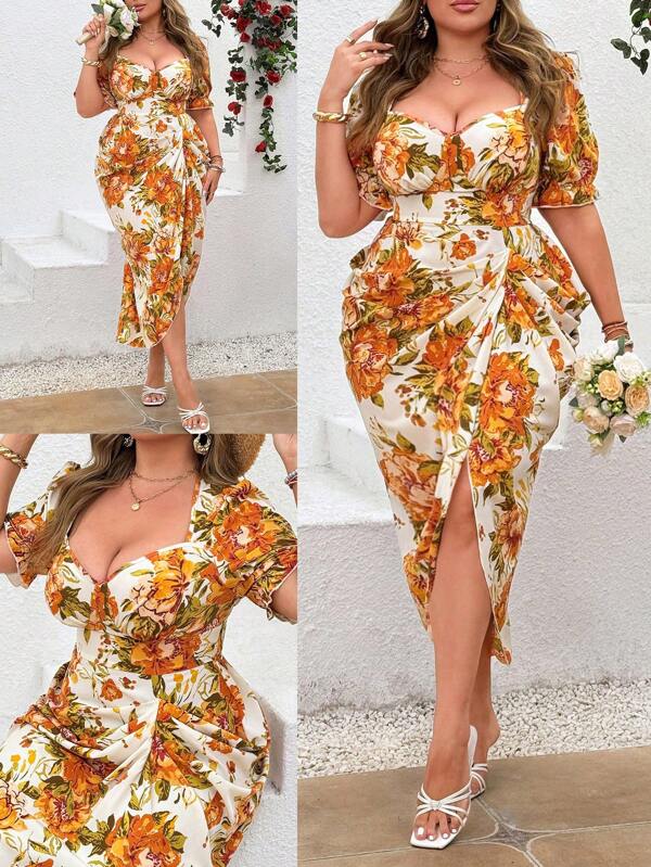 Breezaya Plus Size Boat Neck Ruched Floral Midi Dress, Elegant Vintage Holiday Style For Ladies