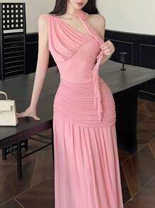 Modelyn Vestido de fiesta elegante para mujer con un hombro, pliegues, adorno de flor 3D y volantes