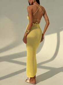 Aloruh Vestido sexy amarillo apretado sin espalda hecho a mano a ganchillo para mujeres, apto para vacaciones de primavera/verano - Amarillo - Ver 3