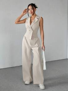 SHEIN PETITE Two Pieces Fall Outfits 2pcs/Set Women Solid Color Sleeveless Top And Pants Fall Clothes - Khaki - View 1