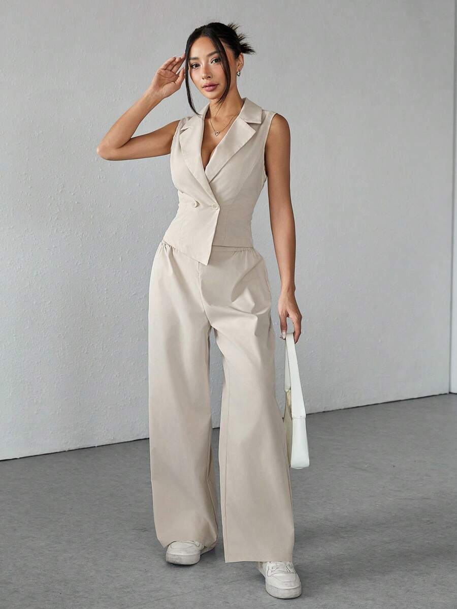 SHEIN PETITE Two Pieces Fall Outfits 2pcs/Set Women Solid Color Sleeveless Top And Pants Fall Clothes - Khaki - View 1