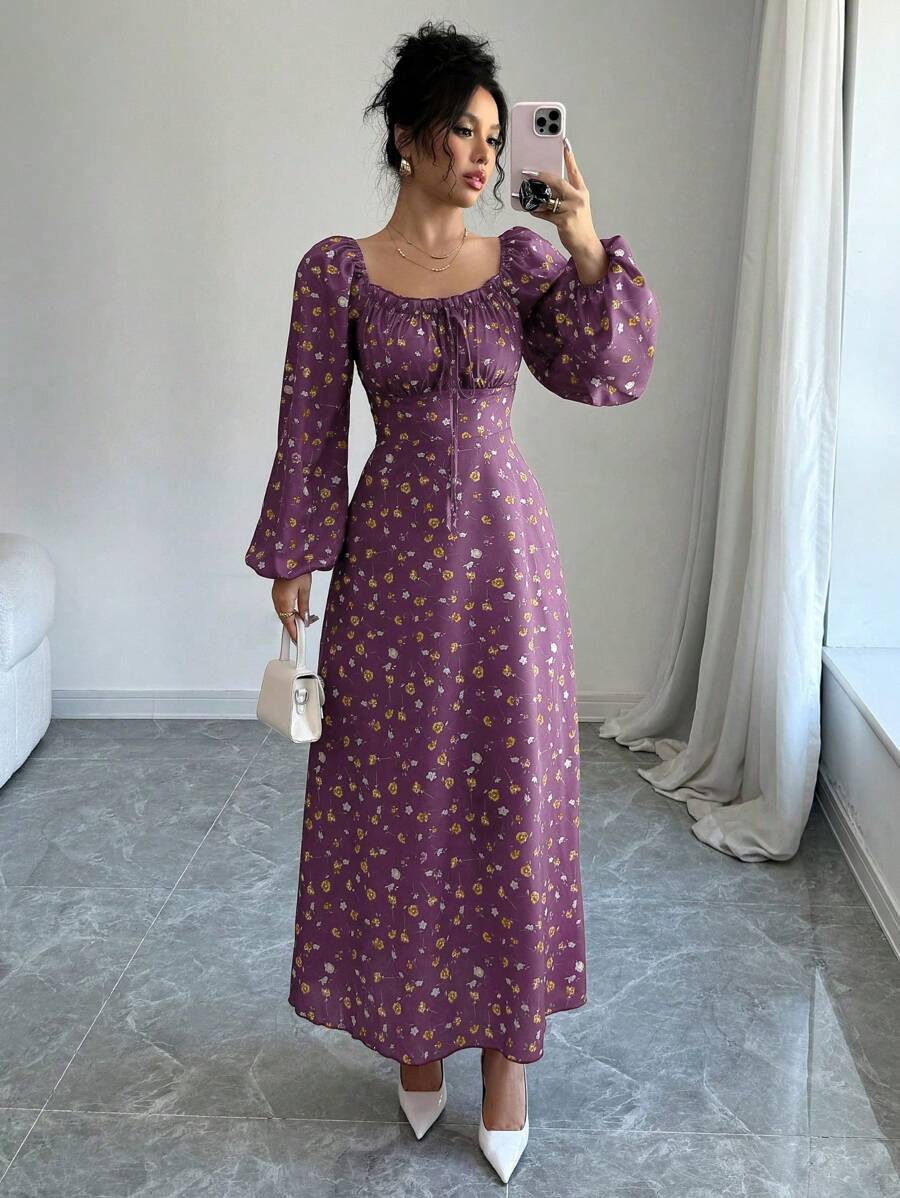 Modelyn 小碎花方领荷叶边系带灯笼袖束腰连衣裙 - 紫色 - 查看 1