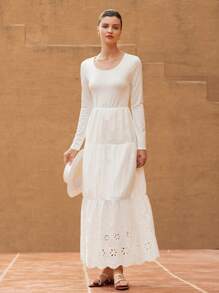 Zanirela Elegant Graceful Holiday Knitting Patchwork Long Sleeve Dress With Floral Embroidery Decoration  Old Money Style For Spring Fall - White - View 1