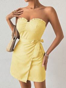 Chiquease 系带抹胸条纹蕾丝下摆迷你连衣裙 - 黃色 - 查看 5