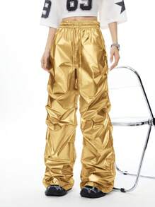 Coolane 女士春夏Y2K街头风闪亮金属质感PU降落伞弹力腰带口袋阔腿裤 - 金色 - 查看 3