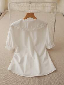 Chiquease Chemise élégante et décontractée pour femmes avec col claudine, couleur unie, manches courtes - Blanc - Voir 2